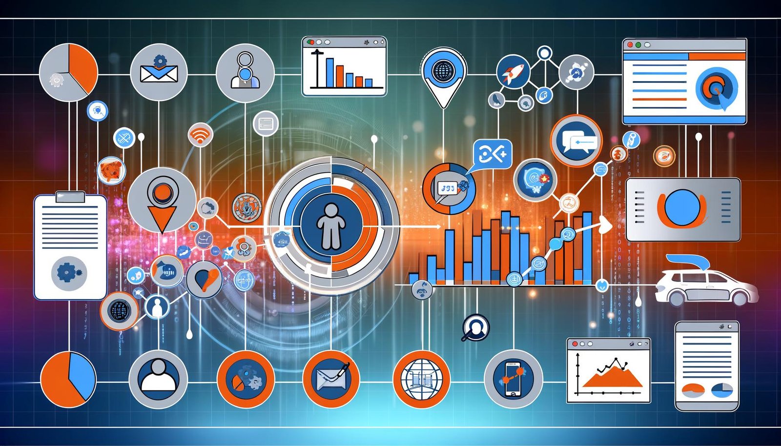Dynamische Customer Journey Illustration mit vernetzten Touchpoints, Daten-Workflow im Zentrum und analytischem Dashboard im Hintergrund in Blau, Orange und Weiß.