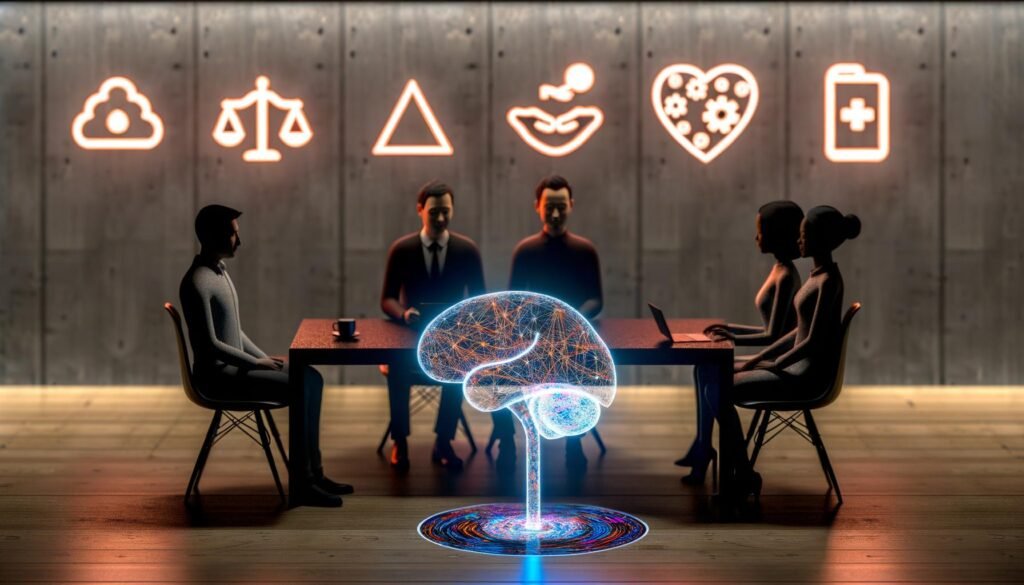 Stilisierte Besprechungsszene mit vier Experten um ein leuchtendes, transparentes neuronales Netzwerk auf einem Tisch, im Hintergrund Ethik-Symbole und Tech-Firmen-Logos.