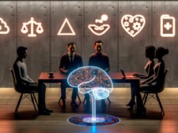 Stilisierte Besprechungsszene mit vier Experten um ein leuchtendes, transparentes neuronales Netzwerk auf einem Tisch, im Hintergrund Ethik-Symbole und Tech-Firmen-Logos.