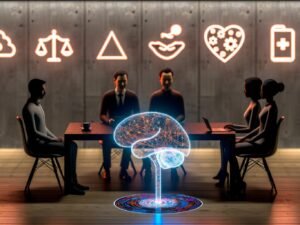 Stilisierte Besprechungsszene mit vier Experten um ein leuchtendes, transparentes neuronales Netzwerk auf einem Tisch, im Hintergrund Ethik-Symbole und Tech-Firmen-Logos.