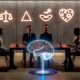 Stilisierte Besprechungsszene mit vier Experten um ein leuchtendes, transparentes neuronales Netzwerk auf einem Tisch, im Hintergrund Ethik-Symbole und Tech-Firmen-Logos.