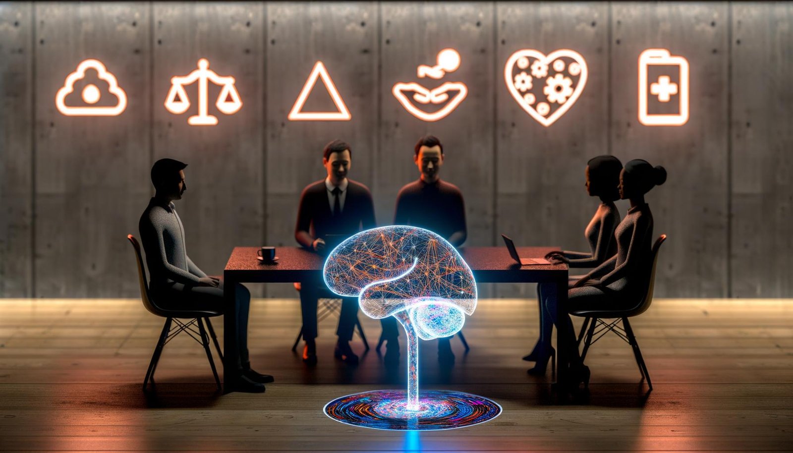 Stilisierte Besprechungsszene mit vier Experten um ein leuchtendes, transparentes neuronales Netzwerk auf einem Tisch, im Hintergrund Ethik-Symbole und Tech-Firmen-Logos.