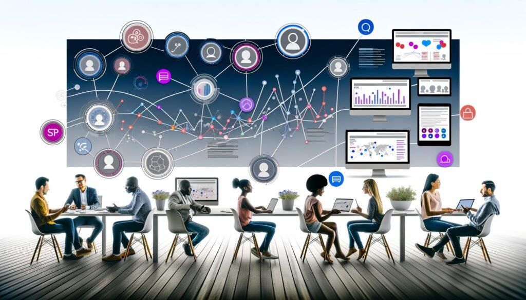 Minimalistische Illustration eines digitalen Arbeitsplatzes mit mehreren Screens, Fachkräften aus Marketing, IT und Data Science, sowie einer Vernetzung von Endgeräten und Social Media Icons.