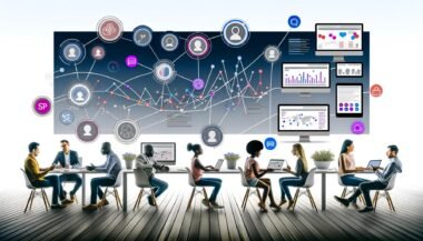 Minimalistische Illustration eines digitalen Arbeitsplatzes mit mehreren Screens, Fachkräften aus Marketing, IT und Data Science, sowie einer Vernetzung von Endgeräten und Social Media Icons.