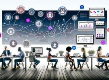 Minimalistische Illustration eines digitalen Arbeitsplatzes mit mehreren Screens, Fachkräften aus Marketing, IT und Data Science, sowie einer Vernetzung von Endgeräten und Social Media Icons.