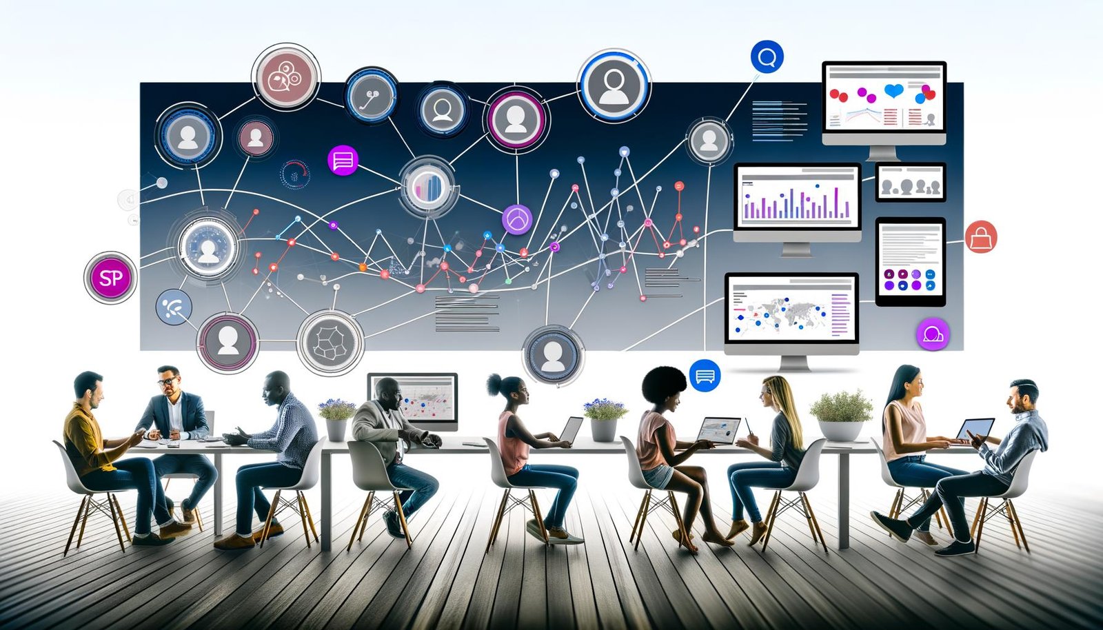 Minimalistische Illustration eines digitalen Arbeitsplatzes mit mehreren Screens, Fachkräften aus Marketing, IT und Data Science, sowie einer Vernetzung von Endgeräten und Social Media Icons.