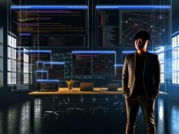 Junger Marketer vor großen Analytics-Dashboards in abgedunkeltem Loft-Büro mit Codezeilen und Whiteboards im Hintergrund