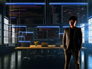 Junger Marketer vor großen Analytics-Dashboards in abgedunkeltem Loft-Büro mit Codezeilen und Whiteboards im Hintergrund