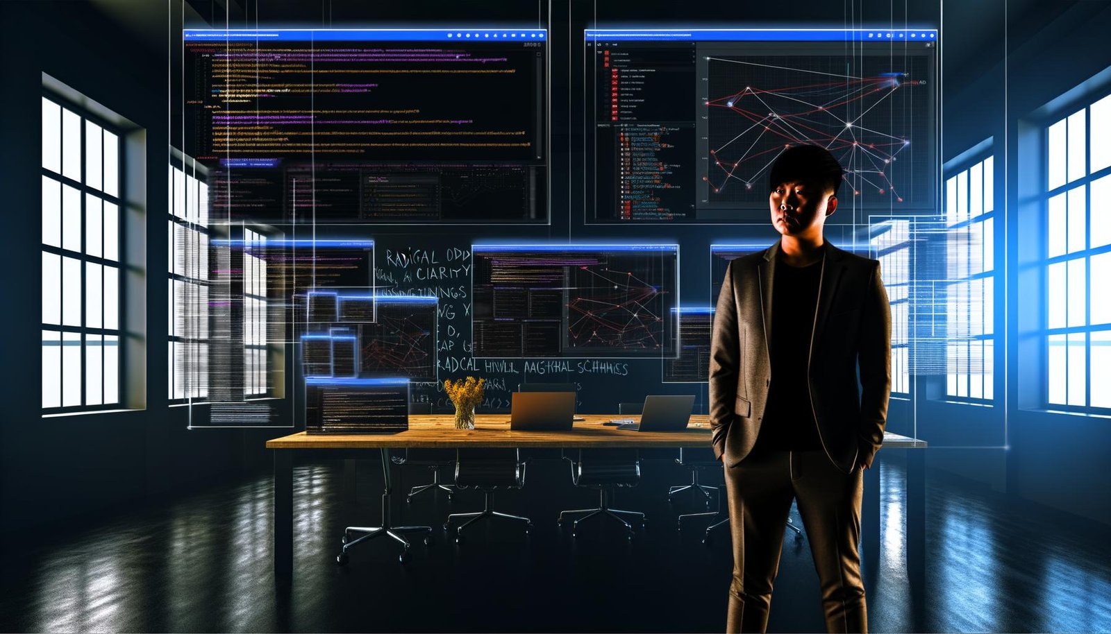 Junger Marketer vor großen Analytics-Dashboards in abgedunkeltem Loft-Büro mit Codezeilen und Whiteboards im Hintergrund