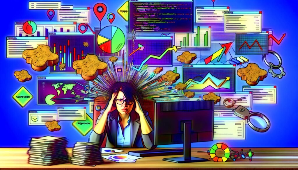 Illustration eines gestressten Marketers an einem überladenen Schreibtisch mit Daten, Dashboards und technischen Symbolen im modernen Farbschema.