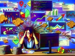 Illustration eines gestressten Marketers an einem überladenen Schreibtisch mit Daten, Dashboards und technischen Symbolen im modernen Farbschema.