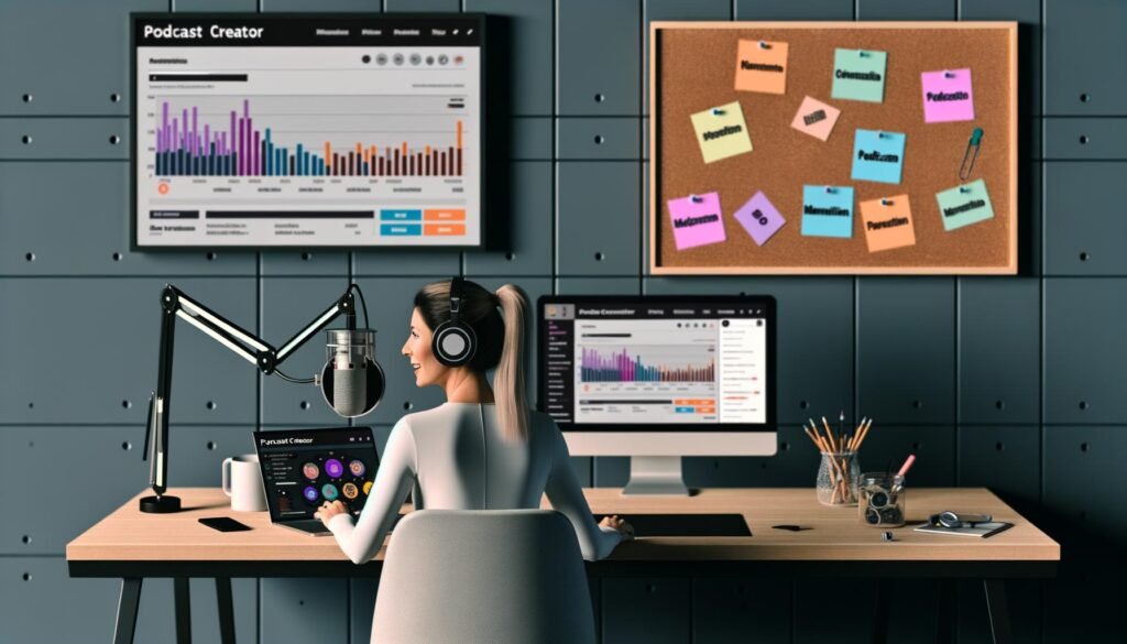 Creator an Schreibtisch mit MacBook, Mikrofon und Kopfhörern, Apple Podcasts Dashboard auf dem Bildschirm, im Hintergrund bunte Notizzettel mit SEO-Schlagwörtern und Podcast-Analytics-Monitor.