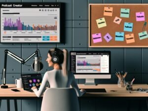 Creator an Schreibtisch mit MacBook, Mikrofon und Kopfhörern, Apple Podcasts Dashboard auf dem Bildschirm, im Hintergrund bunte Notizzettel mit SEO-Schlagwörtern und Podcast-Analytics-Monitor.