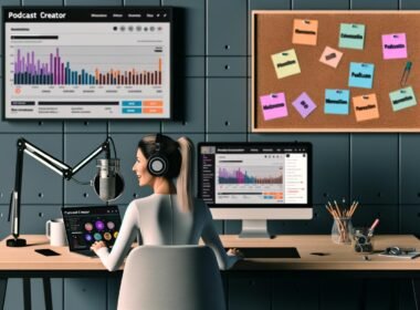 Creator an Schreibtisch mit MacBook, Mikrofon und Kopfhörern, Apple Podcasts Dashboard auf dem Bildschirm, im Hintergrund bunte Notizzettel mit SEO-Schlagwörtern und Podcast-Analytics-Monitor.