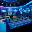 Futuristisches Podcast-Studio mit 3D-Soundtechnik, Dolby Atmos-Mischung, High-End-Mikrofonen, digitalen Konsolen und Apple-Produkten im blau-violetten Licht.