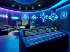 Futuristisches Podcast-Studio mit 3D-Soundtechnik, Dolby Atmos-Mischung, High-End-Mikrofonen, digitalen Konsolen und Apple-Produkten im blau-violetten Licht.