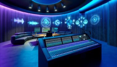 Futuristisches Podcast-Studio mit 3D-Soundtechnik, Dolby Atmos-Mischung, High-End-Mikrofonen, digitalen Konsolen und Apple-Produkten im blau-violetten Licht.