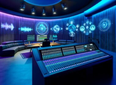 Futuristisches Podcast-Studio mit 3D-Soundtechnik, Dolby Atmos-Mischung, High-End-Mikrofonen, digitalen Konsolen und Apple-Produkten im blau-violetten Licht.
