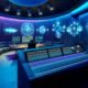 Futuristisches Podcast-Studio mit 3D-Soundtechnik, Dolby Atmos-Mischung, High-End-Mikrofonen, digitalen Konsolen und Apple-Produkten im blau-violetten Licht.