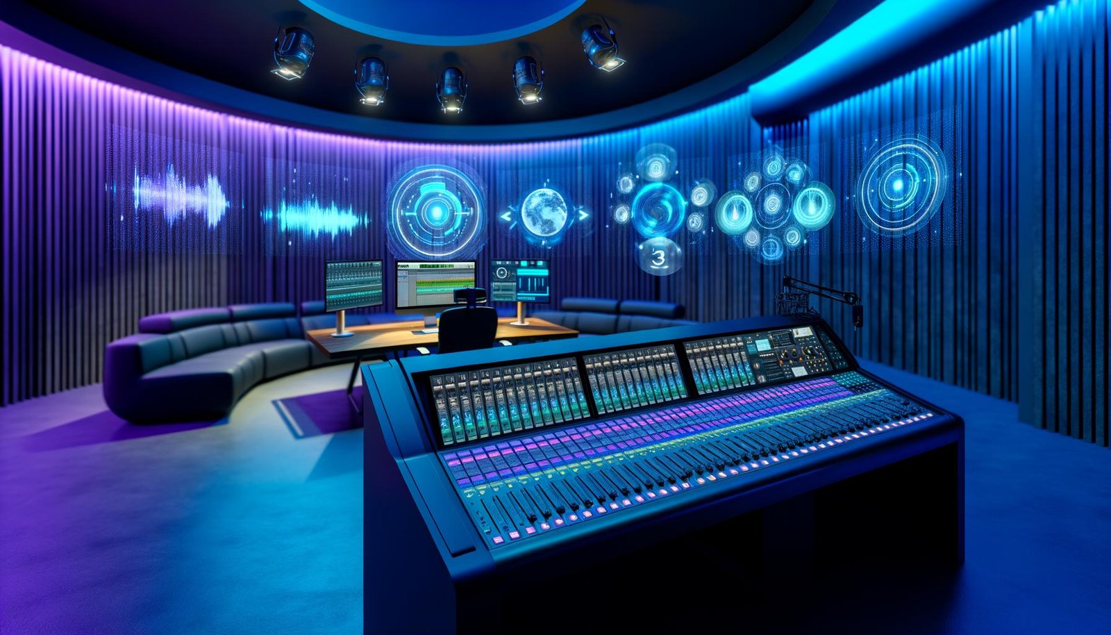 Futuristisches Podcast-Studio mit 3D-Soundtechnik, Dolby Atmos-Mischung, High-End-Mikrofonen, digitalen Konsolen und Apple-Produkten im blau-violetten Licht.