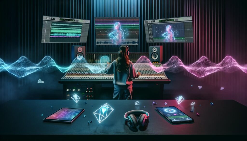 Audiotechniker mit Over-Ear-Kopfhörern mischt komplexes 3D-Audio-Projekt mit Dolby Atmos und Spatial Audio an einer digitalen Workstation, hochwertige Apple-Geräte im Studio, umgeben von holografischen Klangwellen.