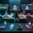 Audiotechniker mit Over-Ear-Kopfhörern mischt komplexes 3D-Audio-Projekt mit Dolby Atmos und Spatial Audio an einer digitalen Workstation, hochwertige Apple-Geräte im Studio, umgeben von holografischen Klangwellen.