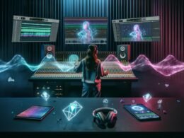 Audiotechniker mit Over-Ear-Kopfhörern mischt komplexes 3D-Audio-Projekt mit Dolby Atmos und Spatial Audio an einer digitalen Workstation, hochwertige Apple-Geräte im Studio, umgeben von holografischen Klangwellen.