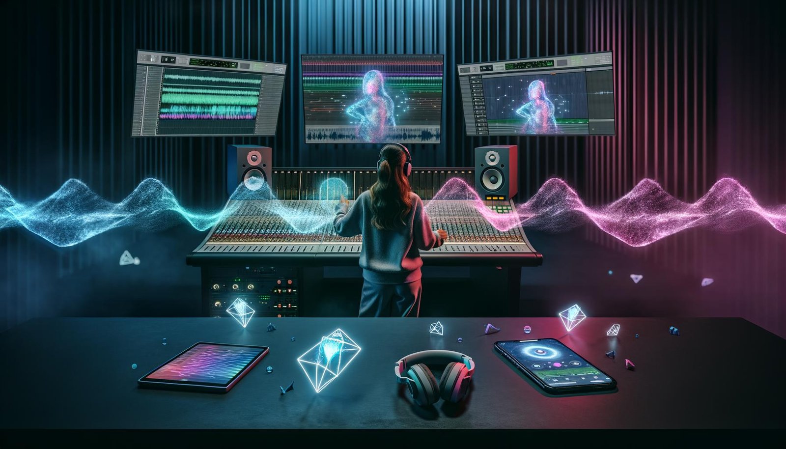 Audiotechniker mit Over-Ear-Kopfhörern mischt komplexes 3D-Audio-Projekt mit Dolby Atmos und Spatial Audio an einer digitalen Workstation, hochwertige Apple-Geräte im Studio, umgeben von holografischen Klangwellen.