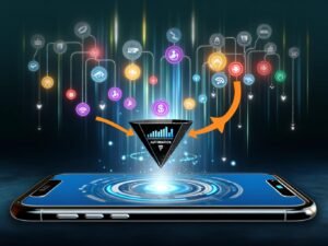 Apple Podcasts-Interface auf Smartphone mit Icons zu Automatisierung, Wachstum und Umsatz vor dunklem, futuristischem Hintergrund mit leuchtenden Datenströmen.