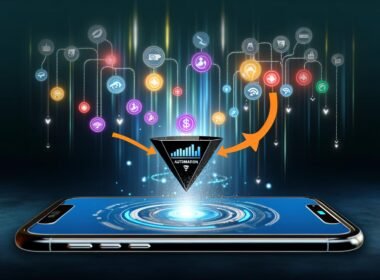 Apple Podcasts-Interface auf Smartphone mit Icons zu Automatisierung, Wachstum und Umsatz vor dunklem, futuristischem Hintergrund mit leuchtenden Datenströmen.