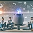 Modernes Wohnzimmer mit zentralem Apple HomePod, junge Menschen besprechen Podcast-Strategien, große Apple Podcasts Wandgrafik und eingeblendetes Analytics-Diagramm im Vordergrund.