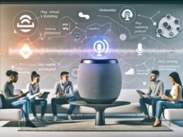 Modernes Wohnzimmer mit zentralem Apple HomePod, junge Menschen besprechen Podcast-Strategien, große Apple Podcasts Wandgrafik und eingeblendetes Analytics-Diagramm im Vordergrund.