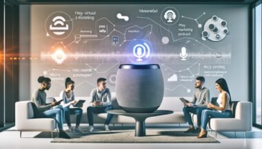 Modernes Wohnzimmer mit zentralem Apple HomePod, junge Menschen besprechen Podcast-Strategien, große Apple Podcasts Wandgrafik und eingeblendetes Analytics-Diagramm im Vordergrund.