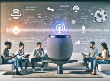 Modernes Wohnzimmer mit zentralem Apple HomePod, junge Menschen besprechen Podcast-Strategien, große Apple Podcasts Wandgrafik und eingeblendetes Analytics-Diagramm im Vordergrund.
