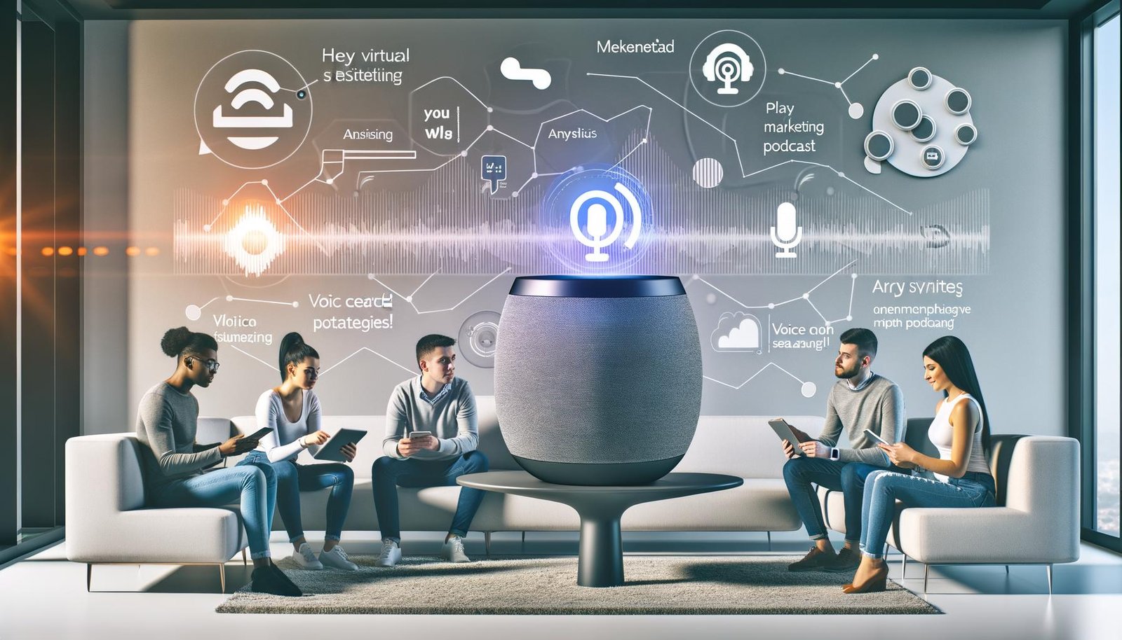 Modernes Wohnzimmer mit zentralem Apple HomePod, junge Menschen besprechen Podcast-Strategien, große Apple Podcasts Wandgrafik und eingeblendetes Analytics-Diagramm im Vordergrund.