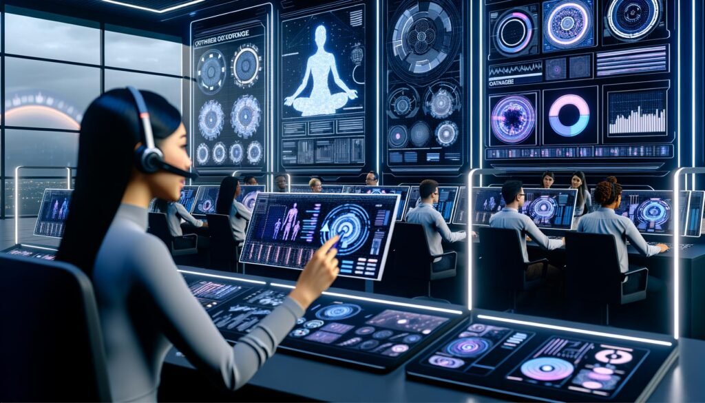Junges, diverses Marketing-Team in einem hochmodernen Maschinenraum analysiert komplexe digitale Daten und KPI-Dashboards an futuristischen Arbeitsplätzen.