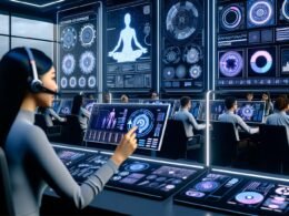 Junges, diverses Marketing-Team in einem hochmodernen Maschinenraum analysiert komplexe digitale Daten und KPI-Dashboards an futuristischen Arbeitsplätzen.