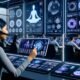 Junges, diverses Marketing-Team in einem hochmodernen Maschinenraum analysiert komplexe digitale Daten und KPI-Dashboards an futuristischen Arbeitsplätzen.