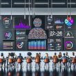 Moderner Arbeitsplatz mit großem Bildschirm, auf dem ein Influencer-Marketing-Dashboard mit Echtzeit metriken, KI-Authentizitätsbewertungen und Social-Media-Symbolen angezeigt wird. Marketingteam diskutiert datengetriebene Kampagnenerfolge.