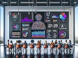 Moderner Arbeitsplatz mit großem Bildschirm, auf dem ein Influencer-Marketing-Dashboard mit Echtzeit metriken, KI-Authentizitätsbewertungen und Social-Media-Symbolen angezeigt wird. Marketingteam diskutiert datengetriebene Kampagnenerfolge.