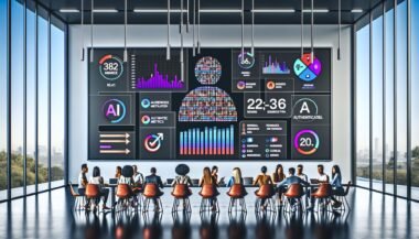 Moderner Arbeitsplatz mit großem Bildschirm, auf dem ein Influencer-Marketing-Dashboard mit Echtzeit metriken, KI-Authentizitätsbewertungen und Social-Media-Symbolen angezeigt wird. Marketingteam diskutiert datengetriebene Kampagnenerfolge.