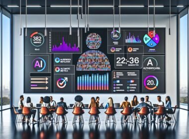 Moderner Arbeitsplatz mit großem Bildschirm, auf dem ein Influencer-Marketing-Dashboard mit Echtzeit metriken, KI-Authentizitätsbewertungen und Social-Media-Symbolen angezeigt wird. Marketingteam diskutiert datengetriebene Kampagnenerfolge.