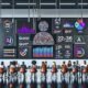 Moderner Arbeitsplatz mit großem Bildschirm, auf dem ein Influencer-Marketing-Dashboard mit Echtzeit metriken, KI-Authentizitätsbewertungen und Social-Media-Symbolen angezeigt wird. Marketingteam diskutiert datengetriebene Kampagnenerfolge.