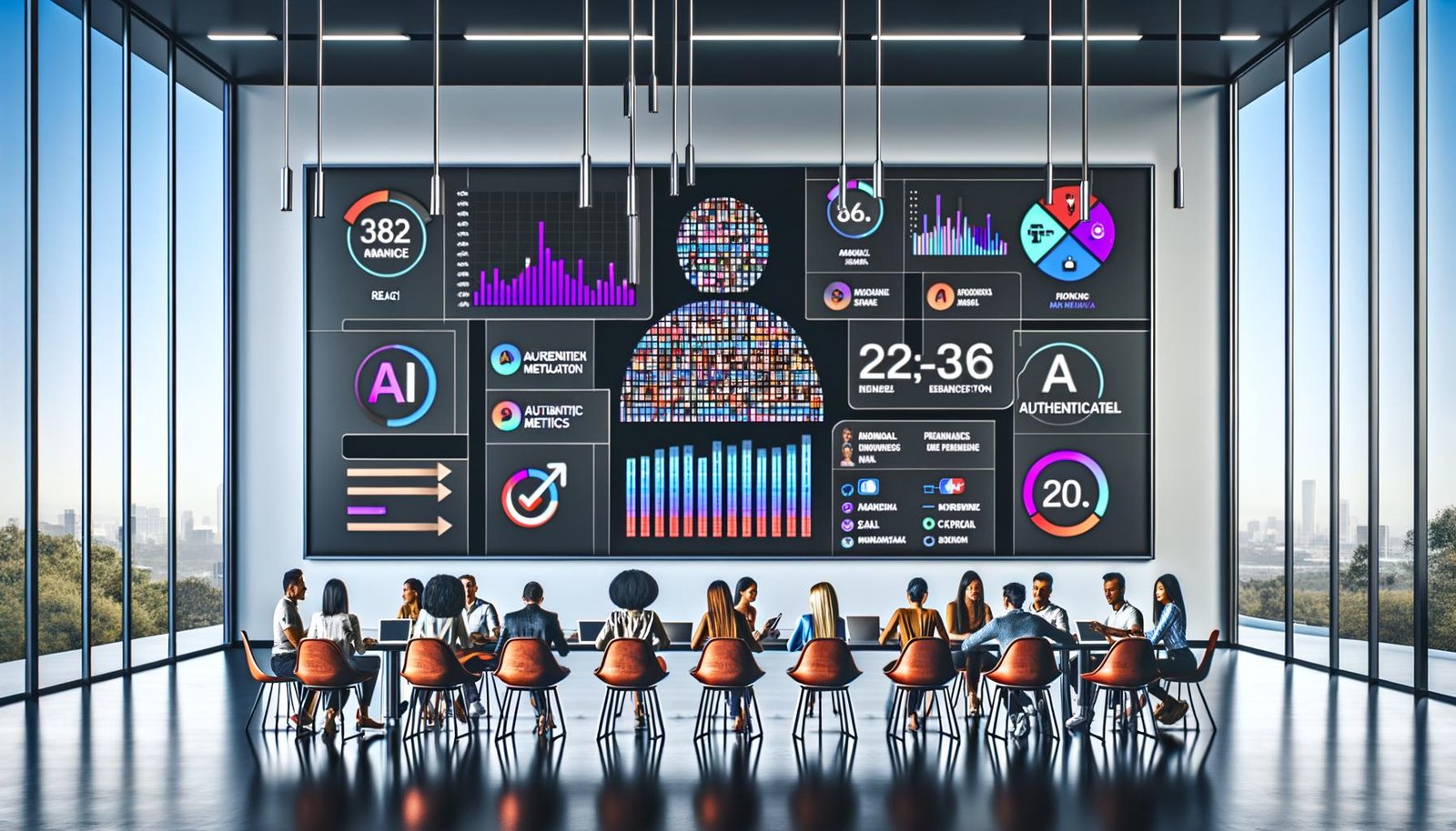 Moderner Arbeitsplatz mit großem Bildschirm, auf dem ein Influencer-Marketing-Dashboard mit Echtzeit metriken, KI-Authentizitätsbewertungen und Social-Media-Symbolen angezeigt wird. Marketingteam diskutiert datengetriebene Kampagnenerfolge.