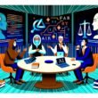 Illustration eines stilisierten Konferenzraums mit Philosophen, Tech-Guru und Business-Mensch beim Diskutieren über KI, Ethik und Technologie vor einer Leinwand mit Codes und Ethik-Symbolen.