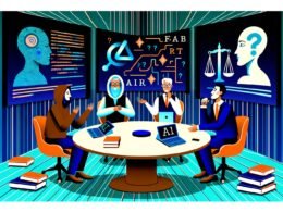 Illustration eines stilisierten Konferenzraums mit Philosophen, Tech-Guru und Business-Mensch beim Diskutieren über KI, Ethik und Technologie vor einer Leinwand mit Codes und Ethik-Symbolen.