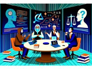 Illustration eines stilisierten Konferenzraums mit Philosophen, Tech-Guru und Business-Mensch beim Diskutieren über KI, Ethik und Technologie vor einer Leinwand mit Codes und Ethik-Symbolen.