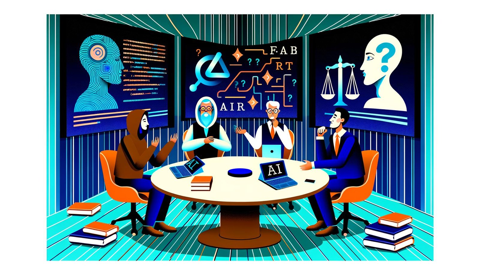 Illustration eines stilisierten Konferenzraums mit Philosophen, Tech-Guru und Business-Mensch beim Diskutieren über KI, Ethik und Technologie vor einer Leinwand mit Codes und Ethik-Symbolen.