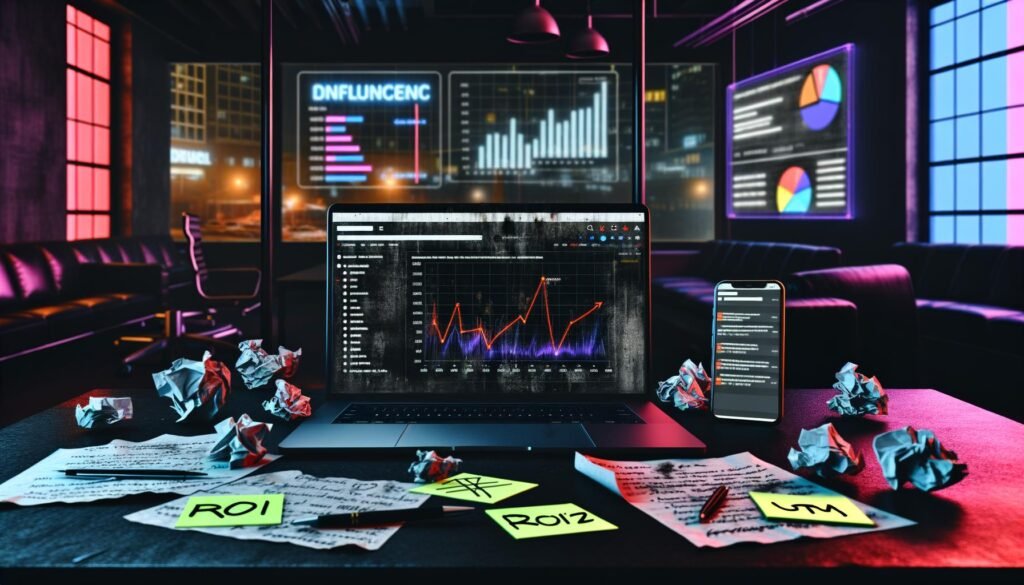 Dunkler, moderner Workspace mit Google Analytics Dashboard auf Laptop, wilden Notizen, Checkliste, Tracking-Codes, Charts und Stadtblick im Cyberpunk-Stil.