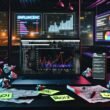 Dunkler, moderner Workspace mit Google Analytics Dashboard auf Laptop, wilden Notizen, Checkliste, Tracking-Codes, Charts und Stadtblick im Cyberpunk-Stil.